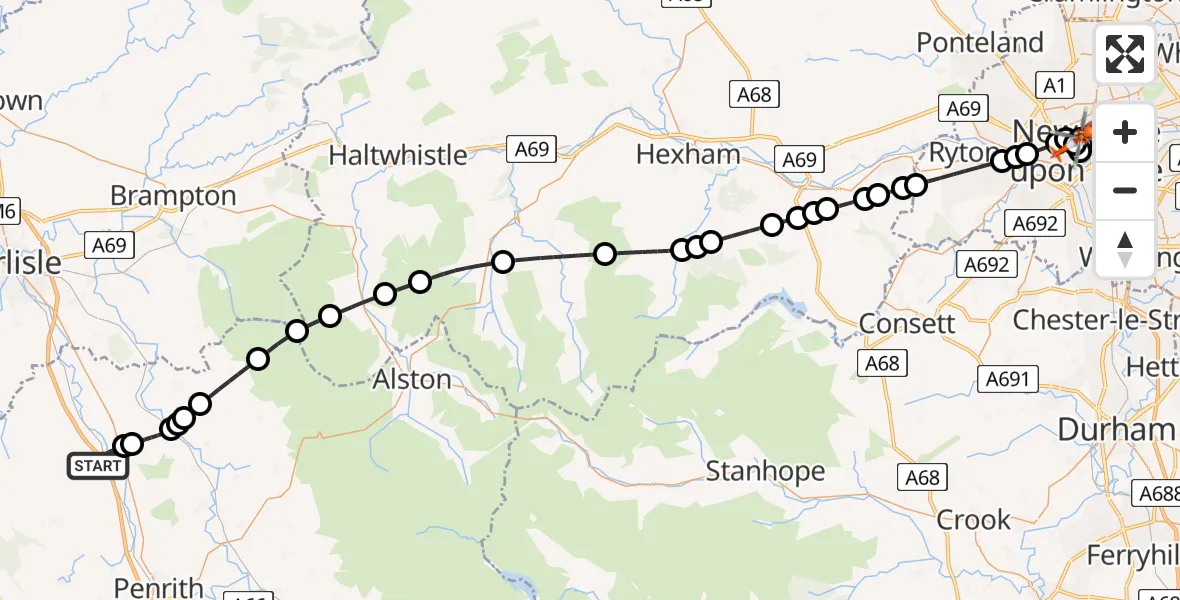 Flight route Coastguard Helicopter Calthwaite - Spital Tongues, 09 May 2026, 20:41