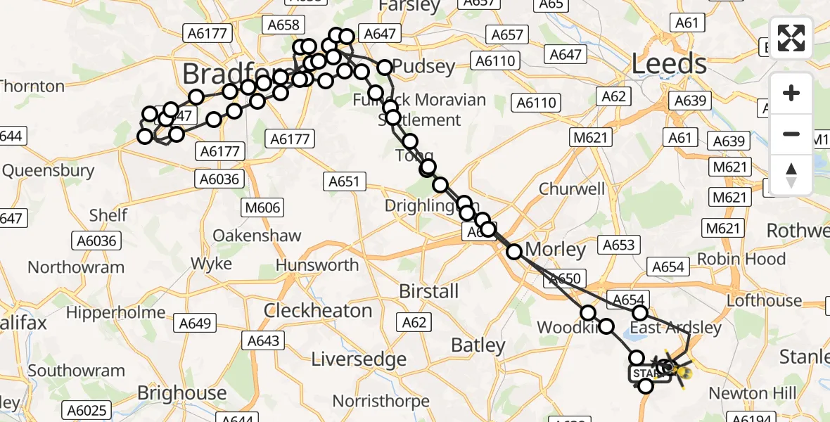 Flight route Police Helicopter East Ardsley - Wrenthorpe, 09 May 2026, 20:41