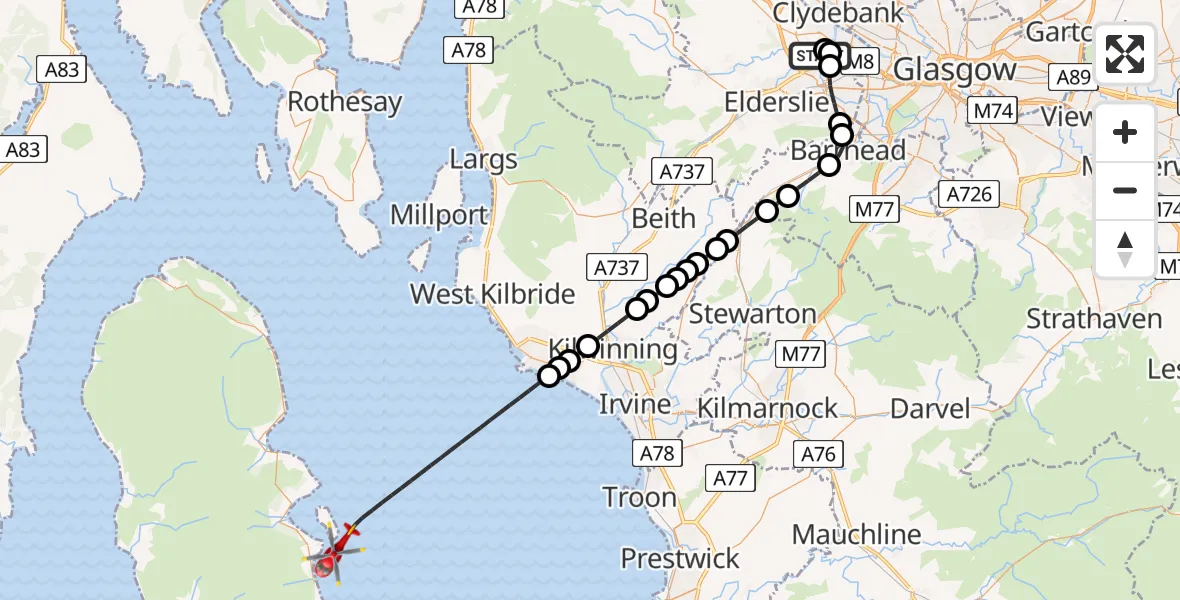 Flight route Air Ambulance Helicopter Glasgow Airport - Inner Seas, 09 May 2026, 20:51