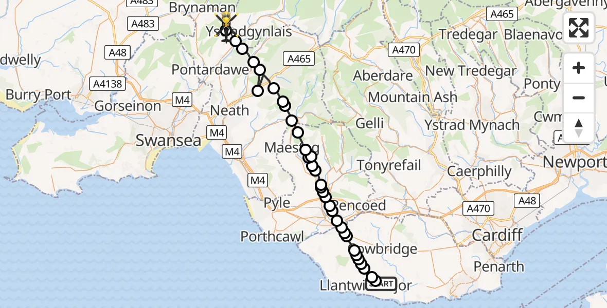 Flight route Police Helicopter MOD St Athan - Cwm-Twrch Uchaf, 09 May 2026, 21:08
