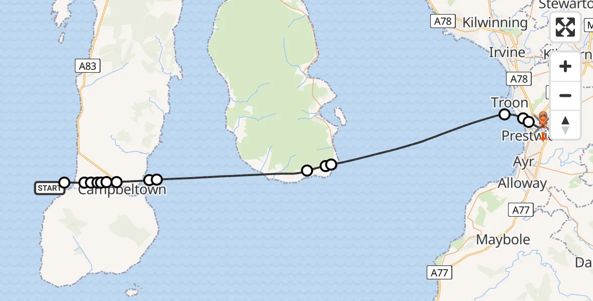 Flight route Coastguard Helicopter Inner Seas - Glasgow Prestwick Airport, 09 May 2026, 21:15