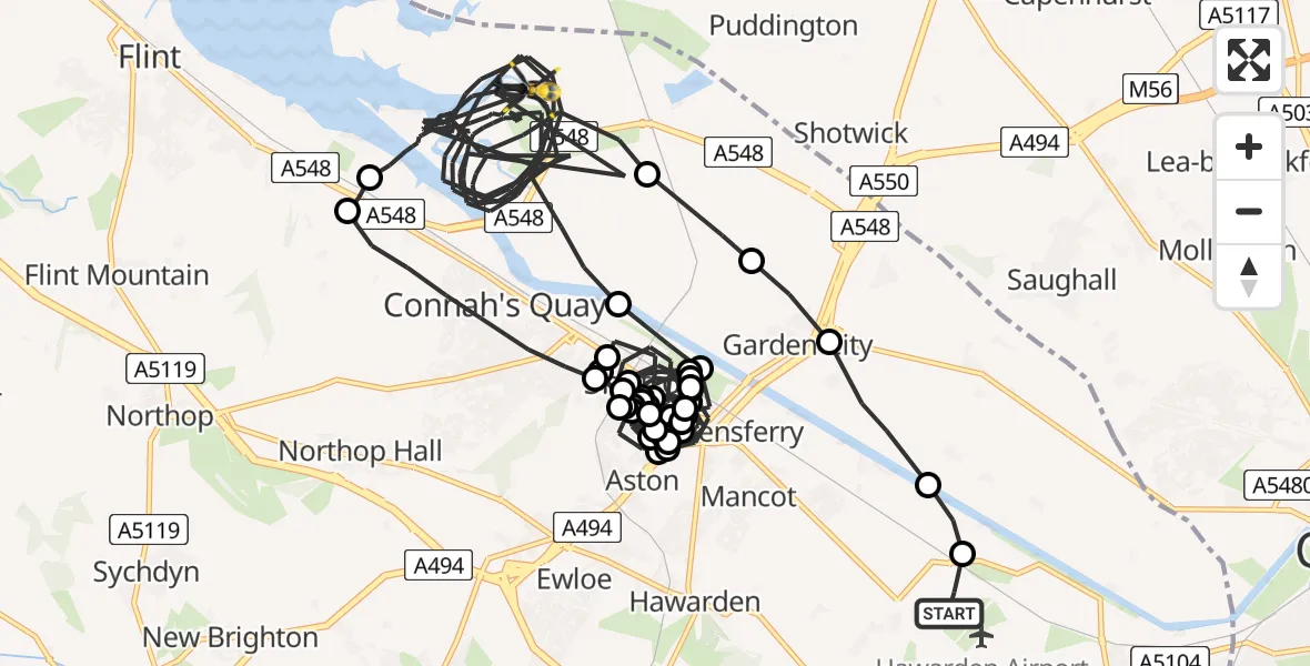 Flight route Police Helicopter Hawarden Airport - Connah's Quay, 09 May 2026, 21:15