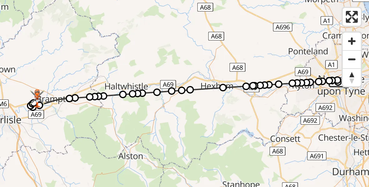 Flight route Coastguard Helicopter Newcastle Royal Victoria Infirmary - Carlisle Lake District Airport, 09 May 2026, 21:16