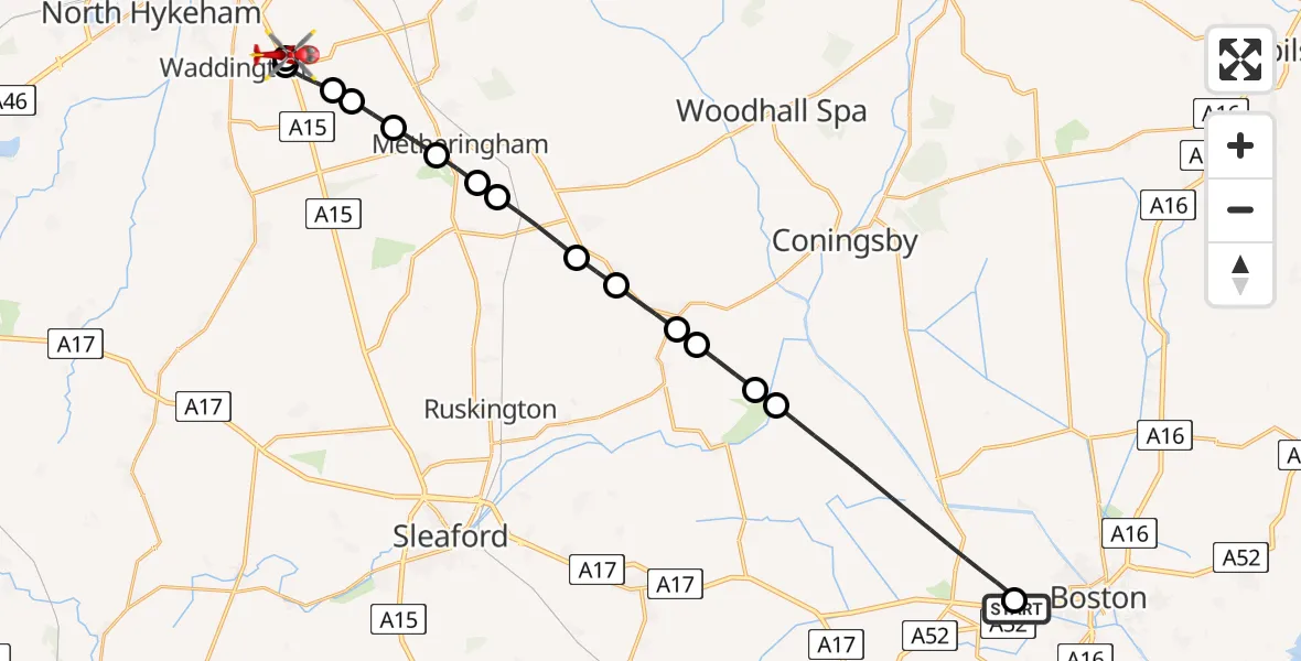 Flight route Air Ambulance Helicopter Boston Aerodrome - North Kesteven, 09 May 2026, 21:27