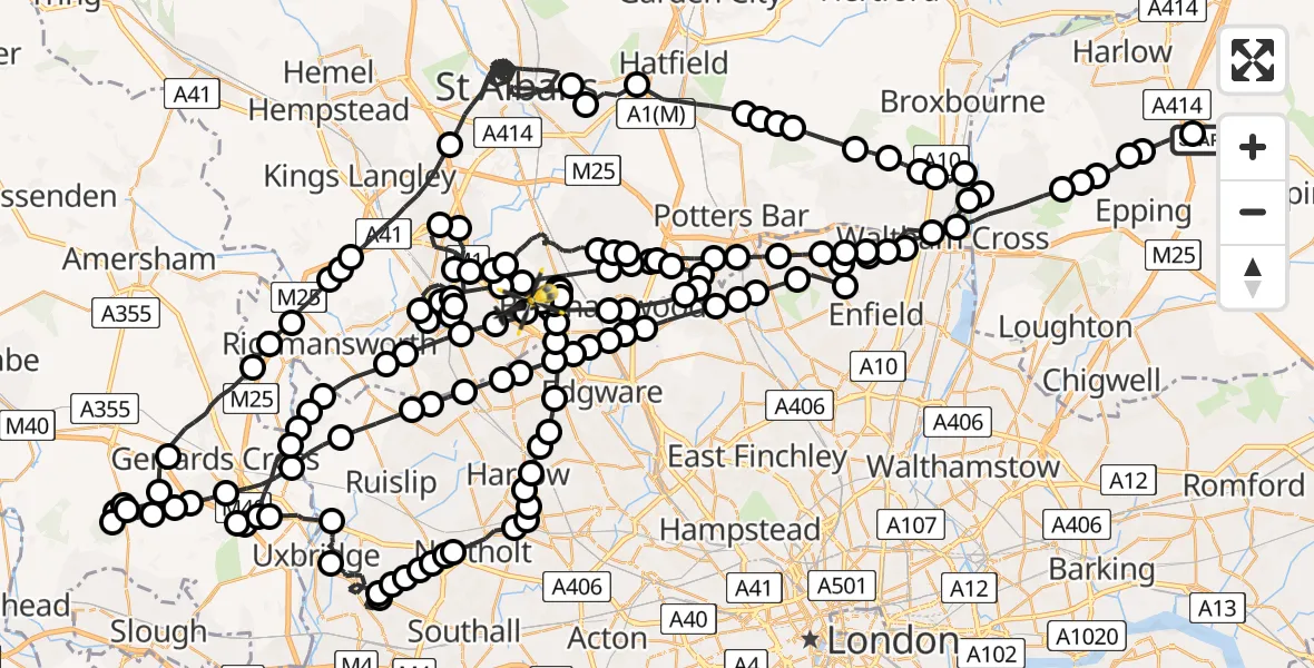 Flight route Police Helicopter North Weald Airfield - Aldenham, 09 May 2026, 21:43