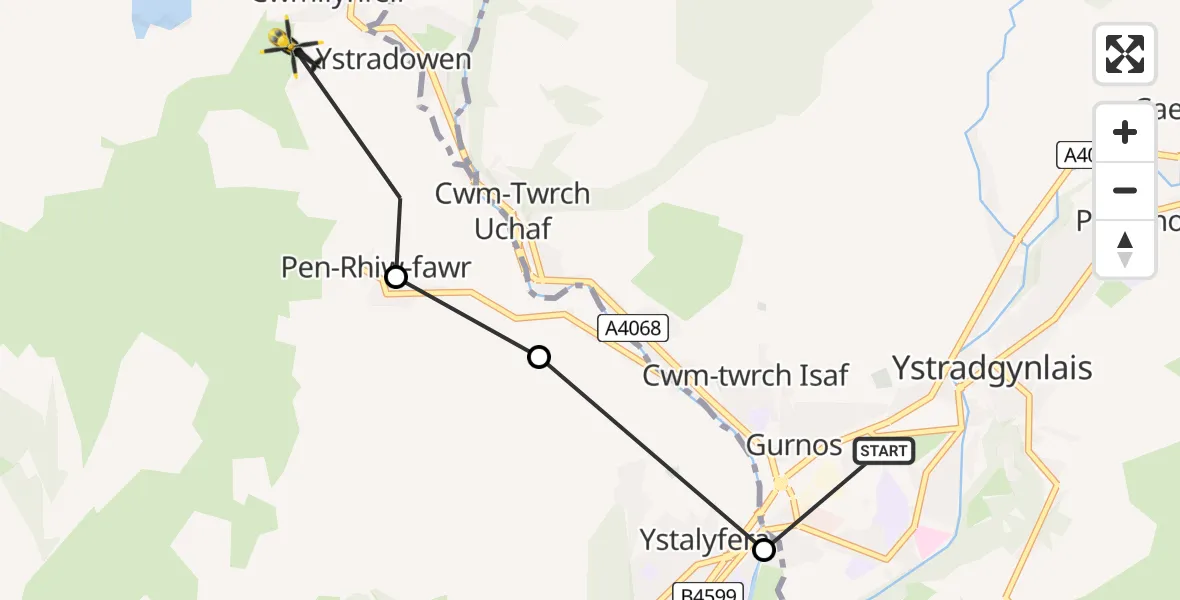 Flight route Police Helicopter Ystradgynlais - Ystradowen, 09 May 2026, 21:44
