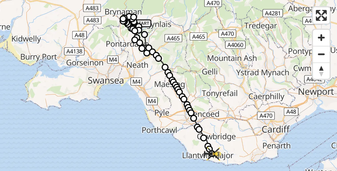 Flight route Police Helicopter Cwm-twrch Isaf - Boverton, 09 May 2026, 21:58