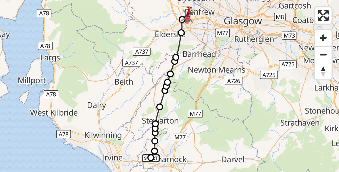Flight route Air Ambulance Helicopter Crosshouse University Hospital - Glasgow Airport, 09 May 2026, 22:06