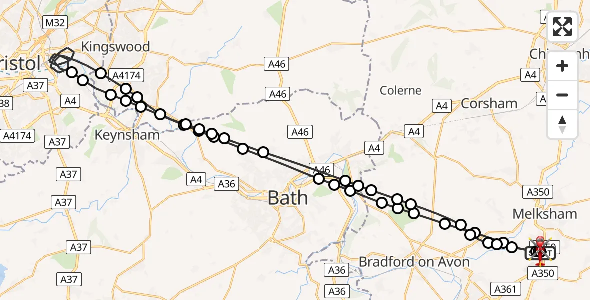 Flight route Air Ambulance Helicopter Wiltshire Air Ambulance - Wiltshire Air Ambulance, 09 May 2026, 22:08