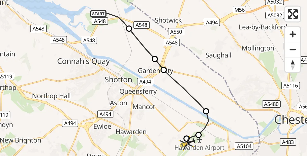 Flight route Police Helicopter Connah's Quay - Hawarden Airport, 09 May 2026, 22:22