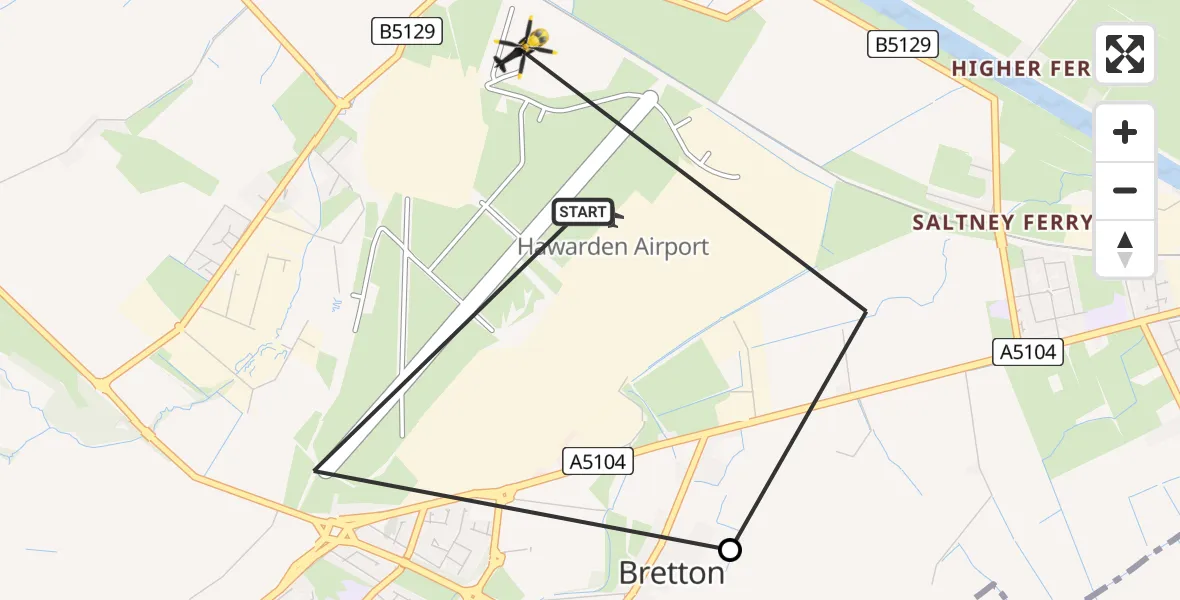 Flight route Police Helicopter Hawarden Airport - Hawarden Airport, 09 May 2026, 22:27