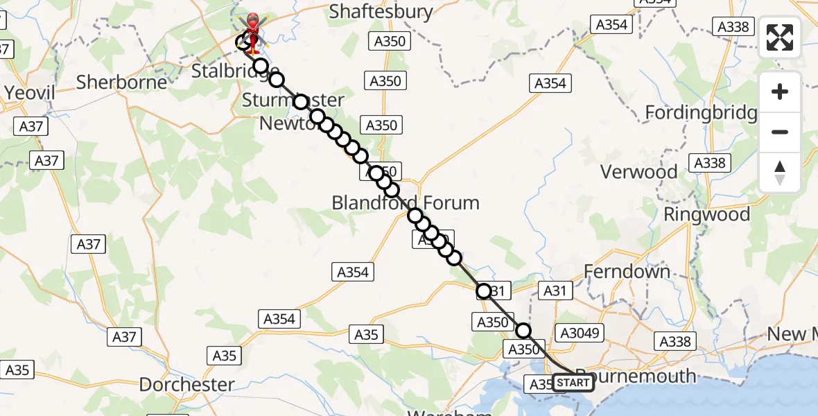 Flight route Air Ambulance Helicopter Poole - Henstridge Airfield, 09 May 2026, 22:42