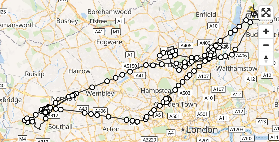 Flight route Police Helicopter Metropolitan Police Air Support Unit Lippitts Hill - Metropolitan Police Air Support Unit Lippitts Hill, 09 May 2026, 22:56