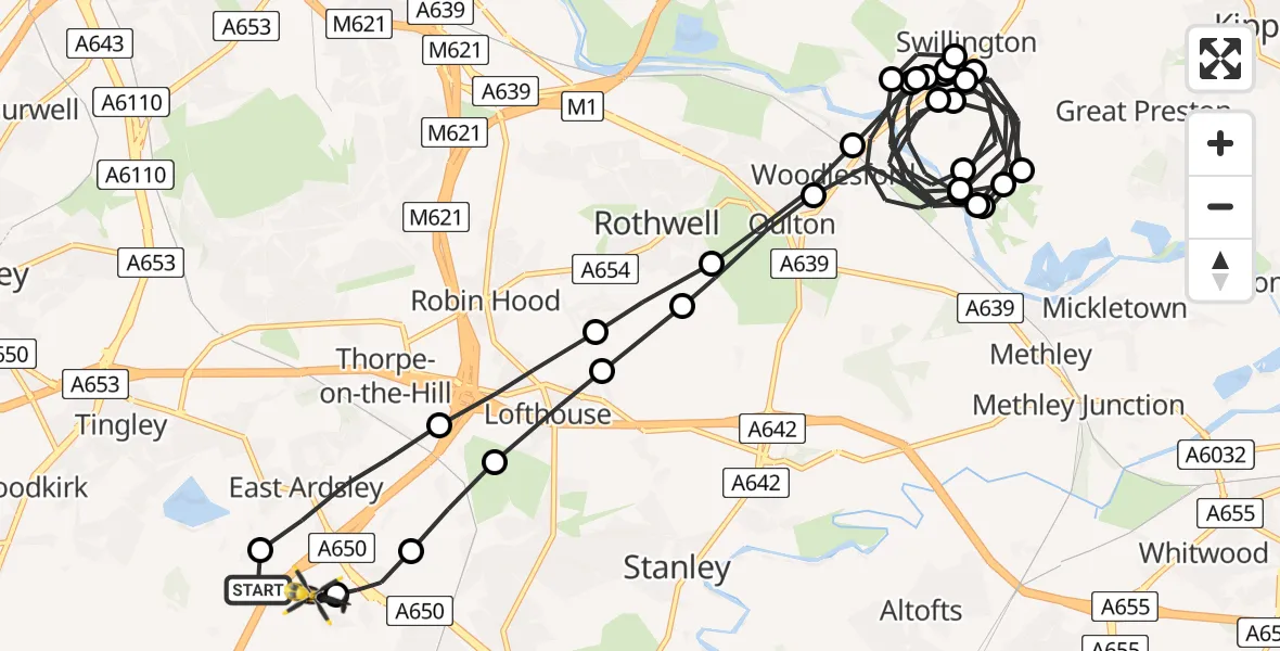 Flight route Police Helicopter East Ardsley - Wrenthorpe, 09 May 2026, 23:04