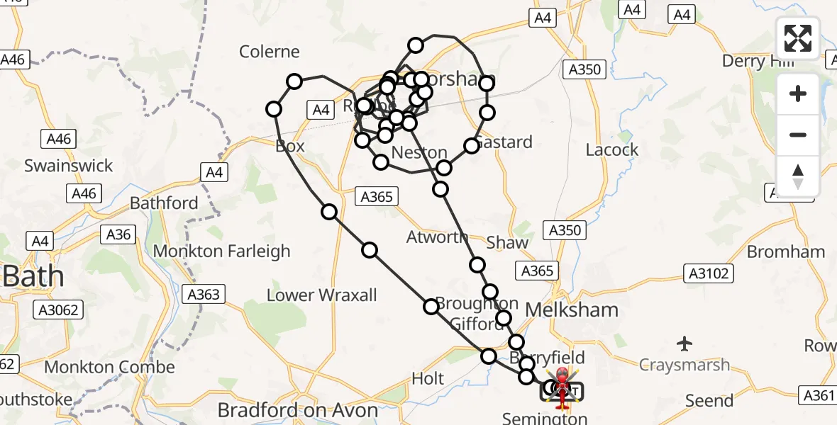 Flight route Air Ambulance Helicopter Wiltshire Air Ambulance - Wiltshire Air Ambulance, 09 May 2026, 23:33