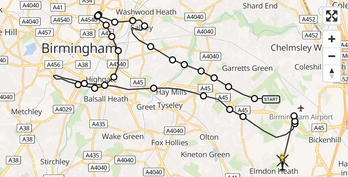Flight route Police Helicopter Sheldon - Solihull, 09 May 2026, 23:33