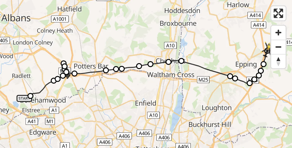 Flight route Police Helicopter Aldenham - North Weald Airfield, 09 May 2026, 23:47