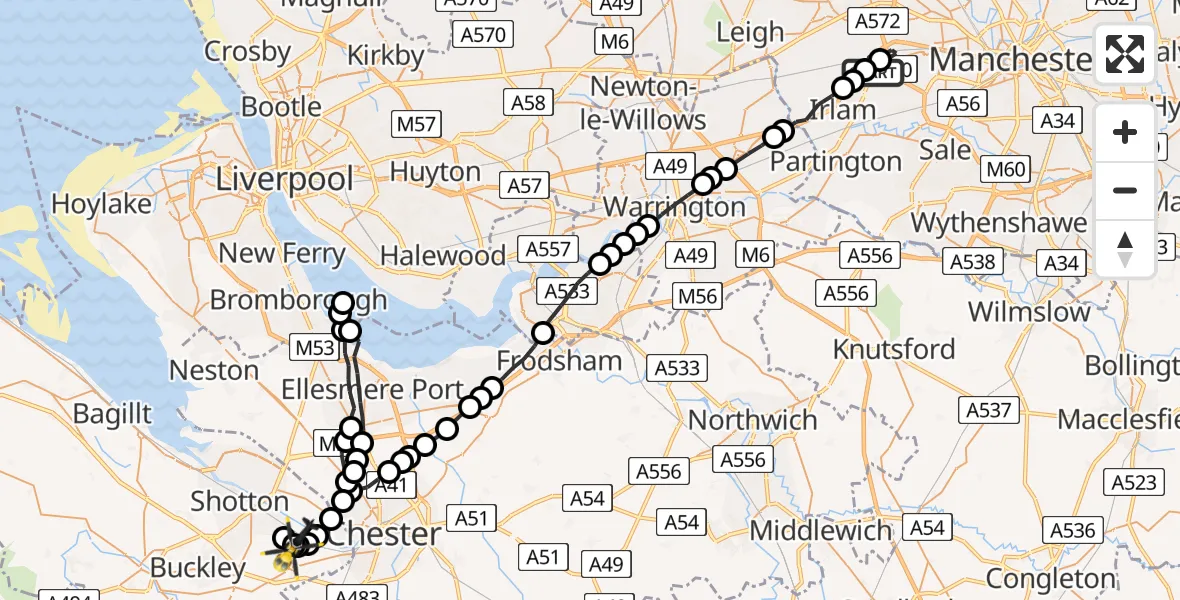 Flight route Police Helicopter Manchester Barton Aerodrome - Sandycroft, 10 May 2026, 00:13