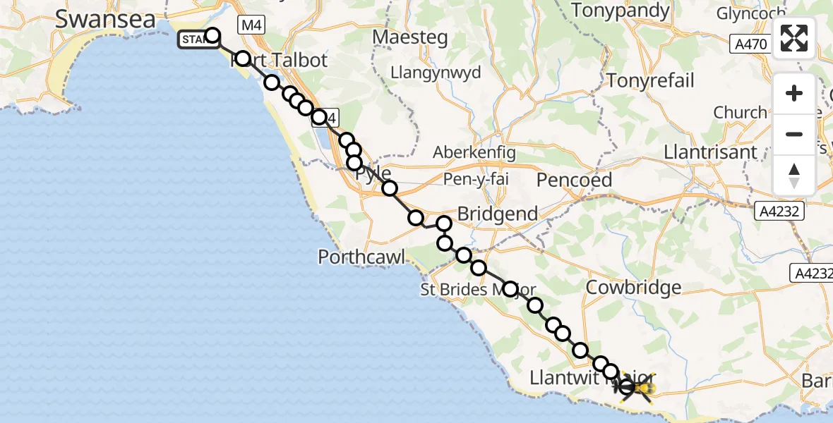 Flight route Police Helicopter Baglan Bay - MOD St Athan, 10 May 2026, 00:22