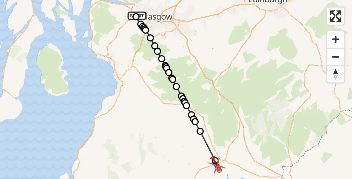 Flight route Air Ambulance Helicopter Glasgow Airport - Terregles, 10 May 2026, 00:47