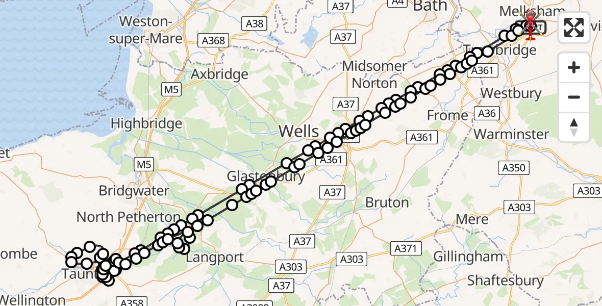 Flight route Air Ambulance Helicopter Wiltshire Air Ambulance - Wiltshire Air Ambulance, 10 May 2026, 01:28