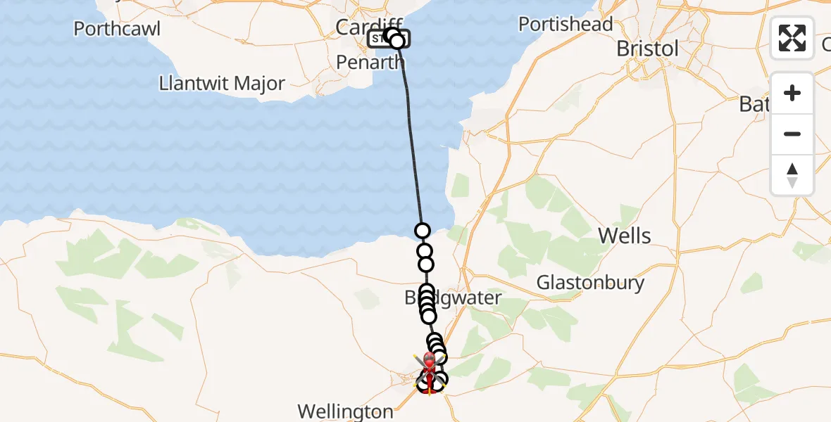 Flight route Air Ambulance Helicopter Cardiff Heliport - Creech St. Michael, 10 May 2026, 01:38