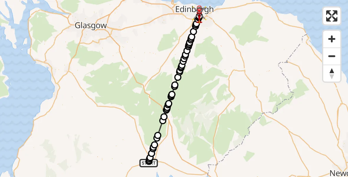 Flight route Air Ambulance Helicopter Cargenbridge - Moredun, 10 May 2026, 02:00