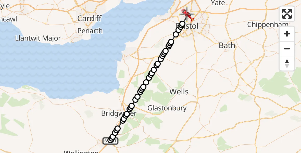 Flight route Air Ambulance Helicopter Monkton Heathfield - Bristol, 10 May 2026, 02:53
