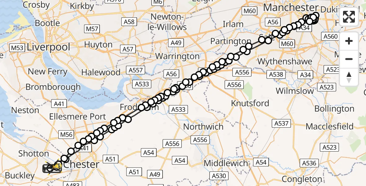 Flight route Police Helicopter Hawarden Airport - Sandycroft, 10 May 2026, 03:10