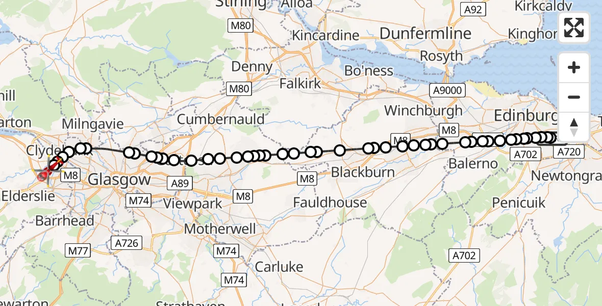 Flight route Air Ambulance Helicopter RIE Rooftop - Glasgow Airport, 10 May 2026, 03:24