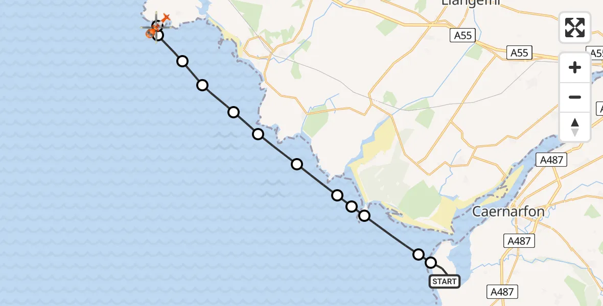 Flight route Coastguard Helicopter Caernarfon Airport - Trearddur, 10 May 2026, 03:43