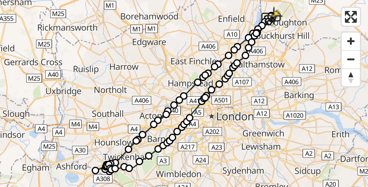 Flight route Police Helicopter Metropolitan Police Air Support Unit Lippitts Hill - Metropolitan Police Air Support Unit Lippitts Hill, 10 May 2026, 04:37