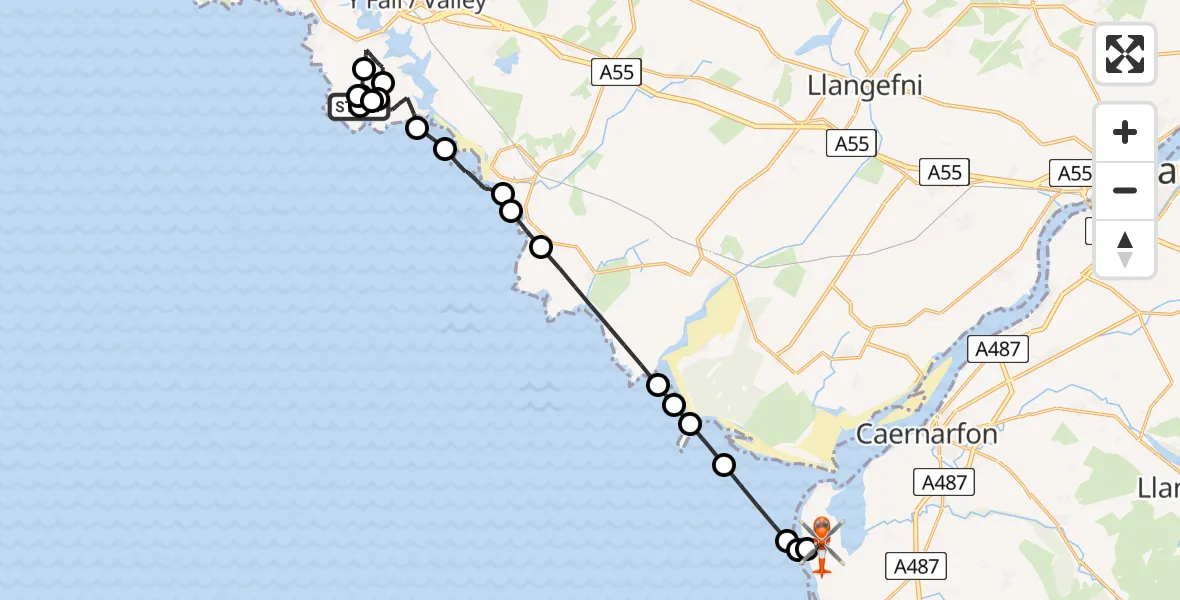 Flight route Coastguard Helicopter Rhoscolyn - Caernarfon Airport, 10 May 2026, 04:53