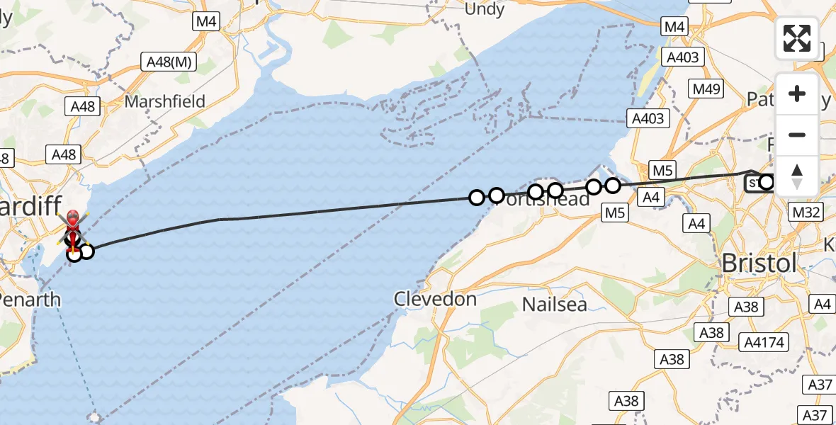 Flight route Air Ambulance Helicopter Southmead Hospital - Cardiff Heliport, 10 May 2026, 04:57