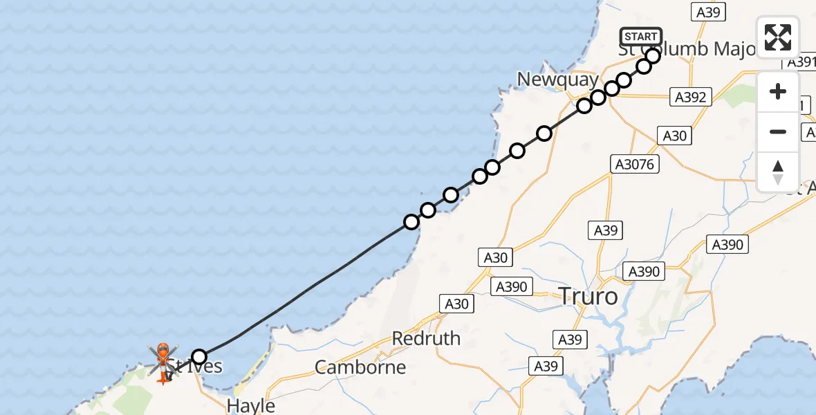 Flight route Coastguard Helicopter Cornwall Airport Newquay - St. Ives, 10 May 2026, 05:17