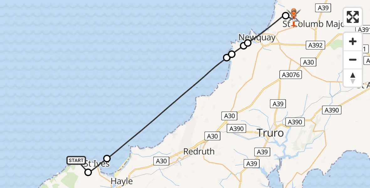 Flight route Coastguard Helicopter Bristol Channel - Cornwall Airport Newquay, 10 May 2026, 06:35