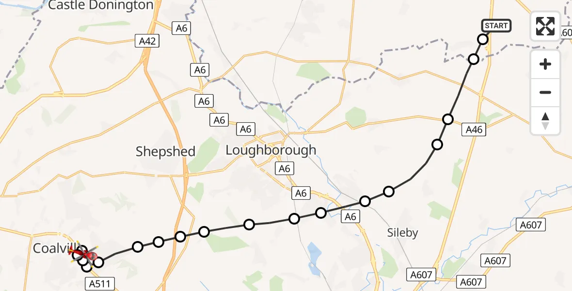 Flight route Air Ambulance Helicopter Rushcliffe - Coalville, 10 May 2026, 06:42
