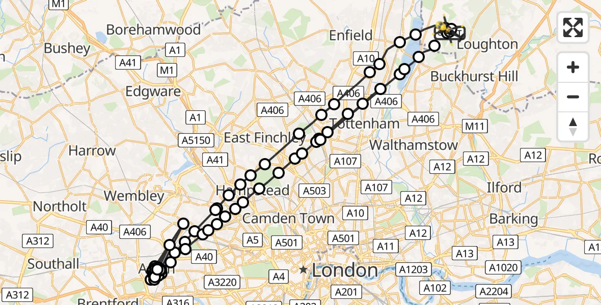 Flight route Police Helicopter Metropolitan Police Air Support Unit Lippitts Hill - Metropolitan Police Air Support Unit Lippitts Hill, 10 May 2026, 07:05