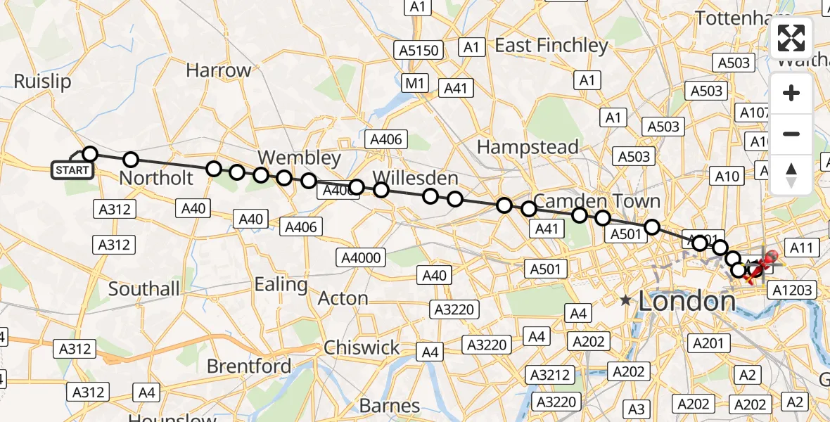 Flight route Air Ambulance Helicopter RAF Northolt - Royal London Hospital, 10 May 2026, 07:11