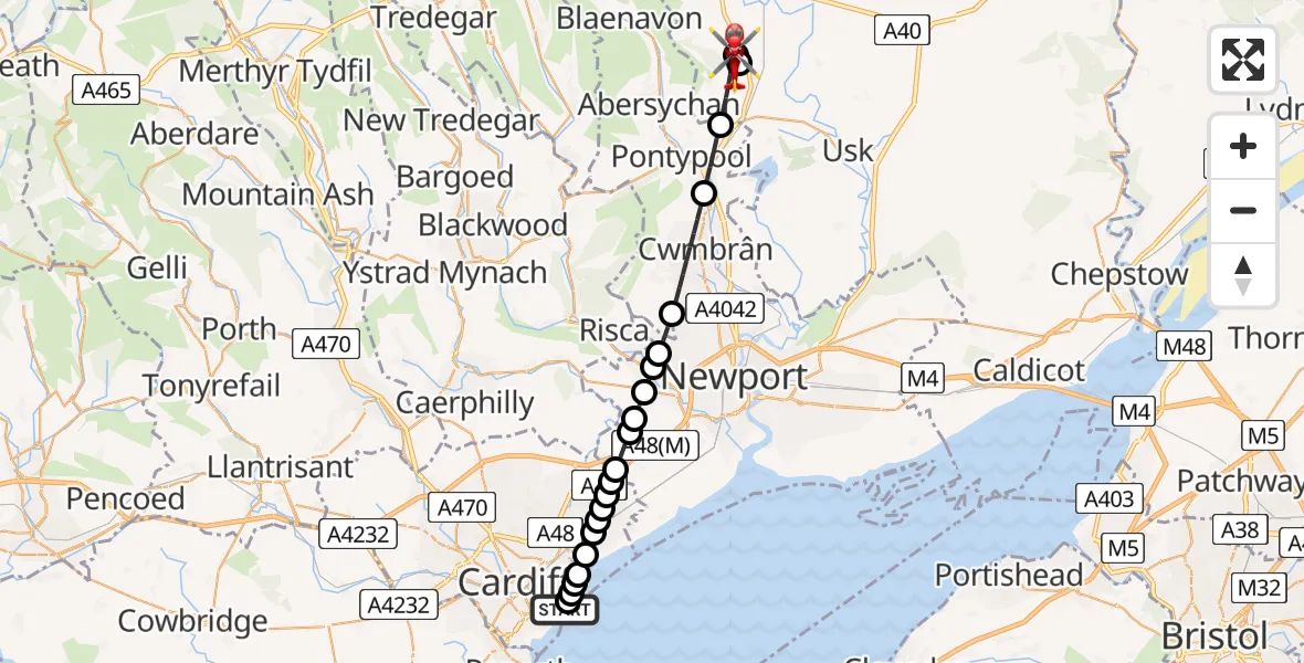 Flight route Air Ambulance Helicopter Cardiff Heliport - Mamhilad, 10 May 2026, 07:12