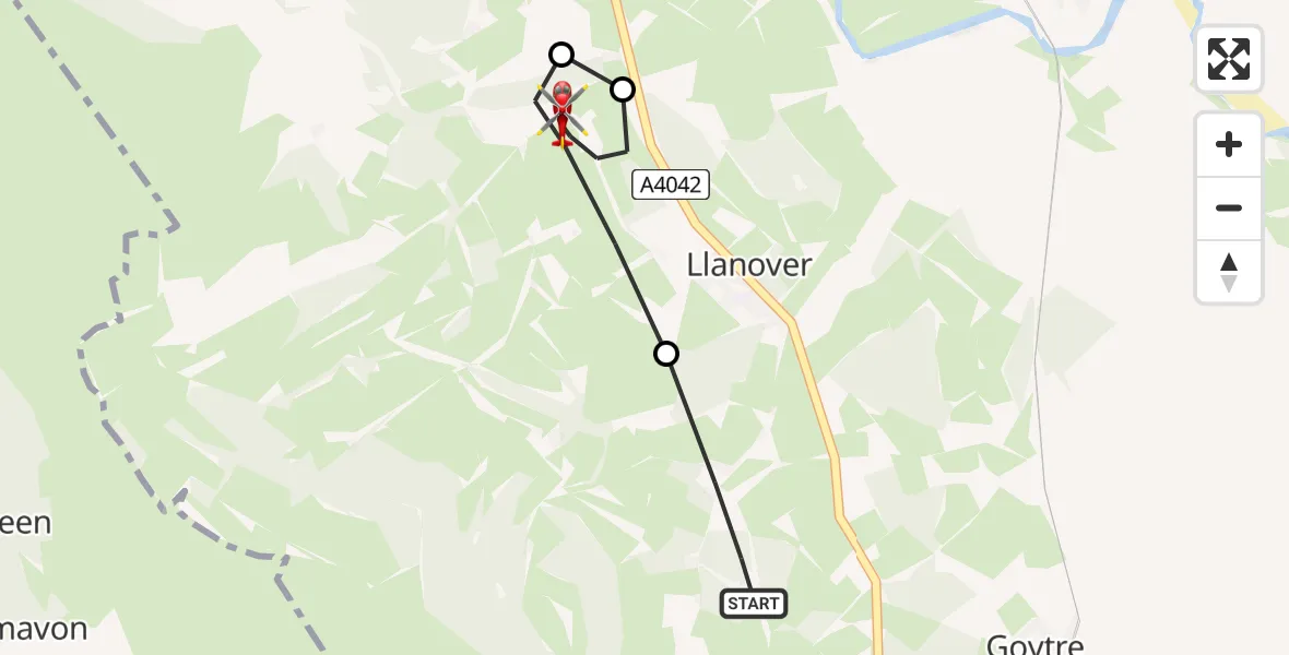 Flight route Air Ambulance Helicopter Penperlleni - Llanover, 10 May 2026, 07:32