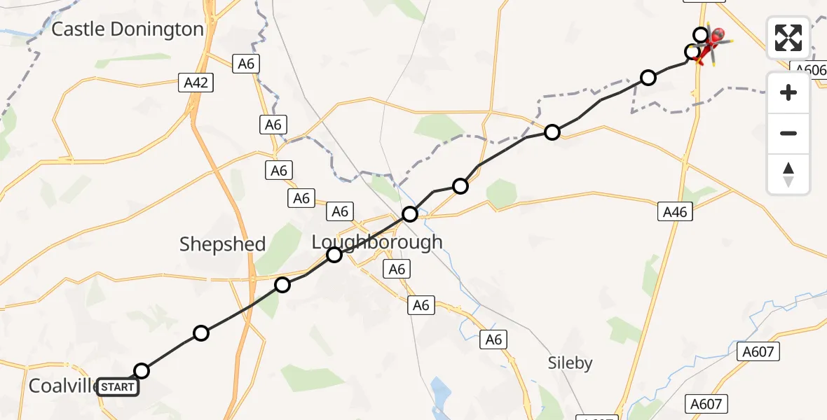 Flight route Air Ambulance Helicopter Coalville - Nottingham Heliport, 10 May 2026, 07:39