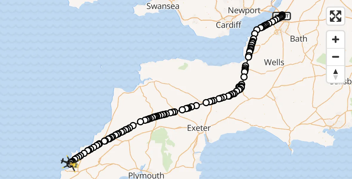 Flight route Police Helicopter Almondsbury Helicopter Base - Mawgan Porth, 10 May 2026, 07:50