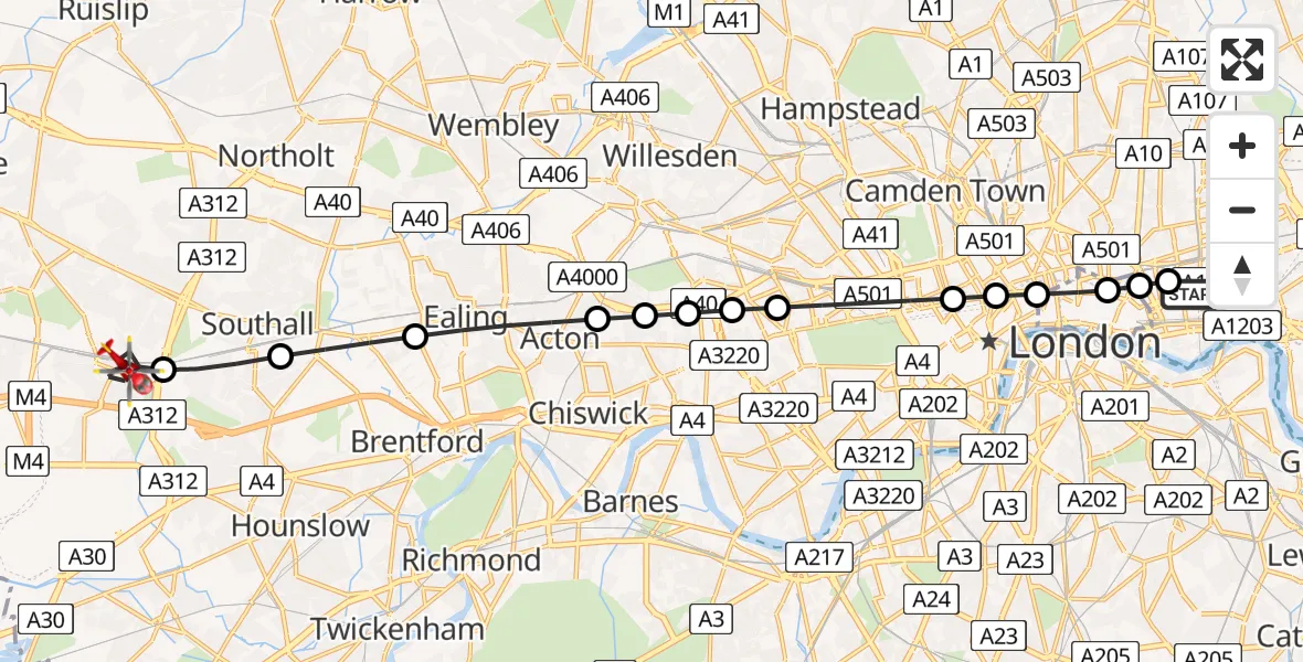 Flight route Air Ambulance Helicopter Royal London Hospital - Hayes, 10 May 2026, 08:01