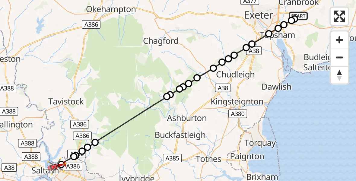 Flight route Air Ambulance Helicopter Aylesbeare - Badgers Wood, 10 May 2026, 08:12