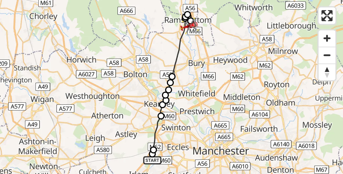 Flight route Air Ambulance Helicopter Manchester Barton Aerodrome - Ramsbottom, 10 May 2026, 08:15