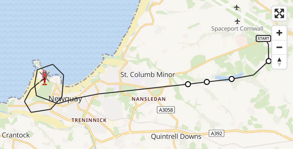 Flight route Air Ambulance Helicopter Cornwall Airport Newquay - Newquay, 10 May 2026, 08:19