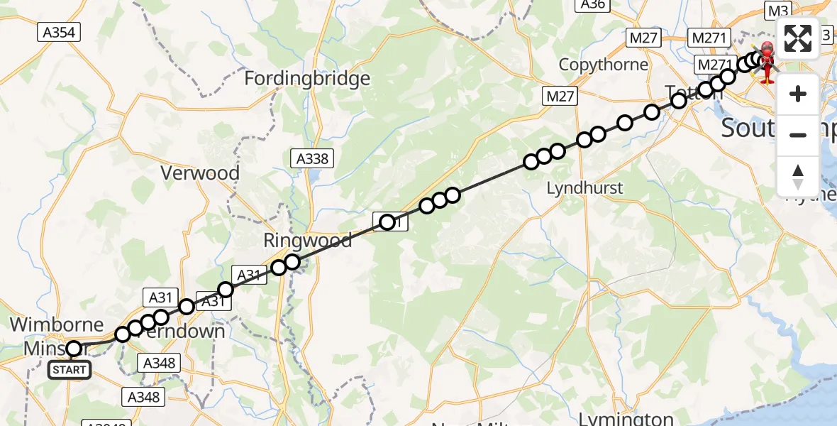 Flight route Air Ambulance Helicopter Poole - University Hospital Southampton, 10 May 2026, 08:32