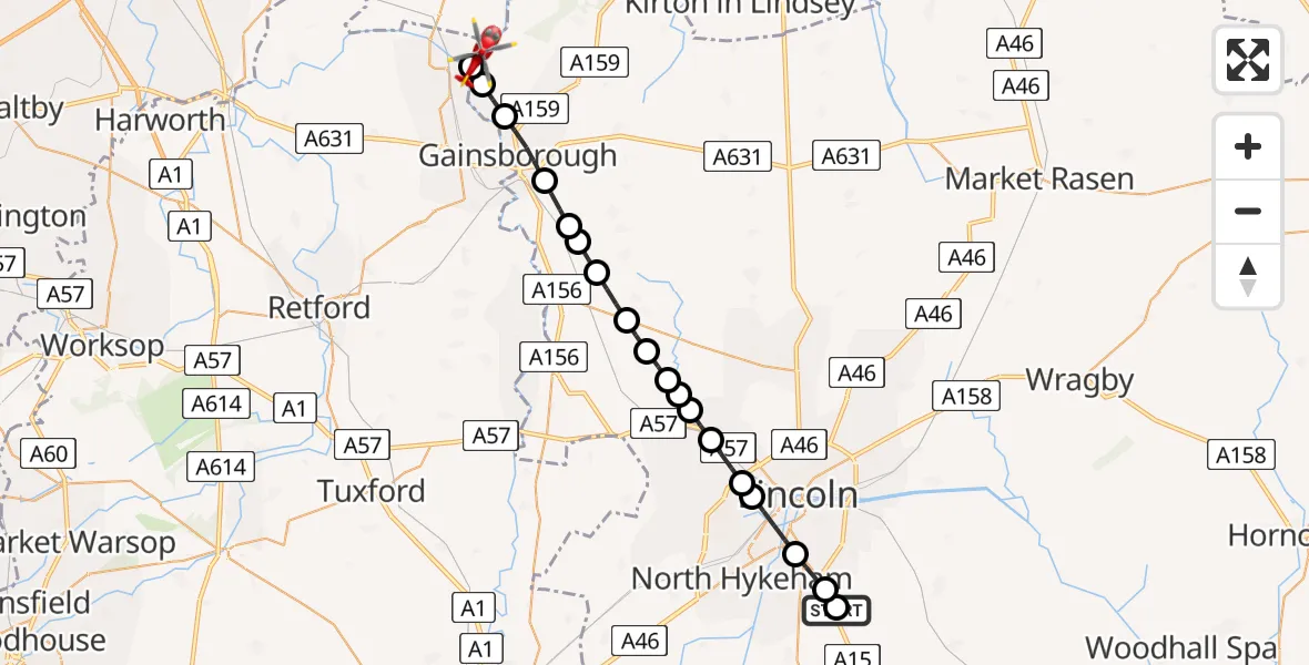 Flight route Air Ambulance Helicopter RAF Waddington - West Stockwith, 10 May 2026, 08:58