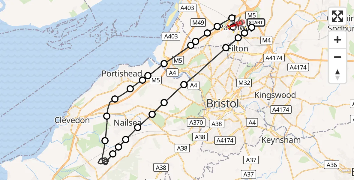 Flight route Air Ambulance Helicopter Bradley Stoke - Almondsbury, 10 May 2026, 09:12